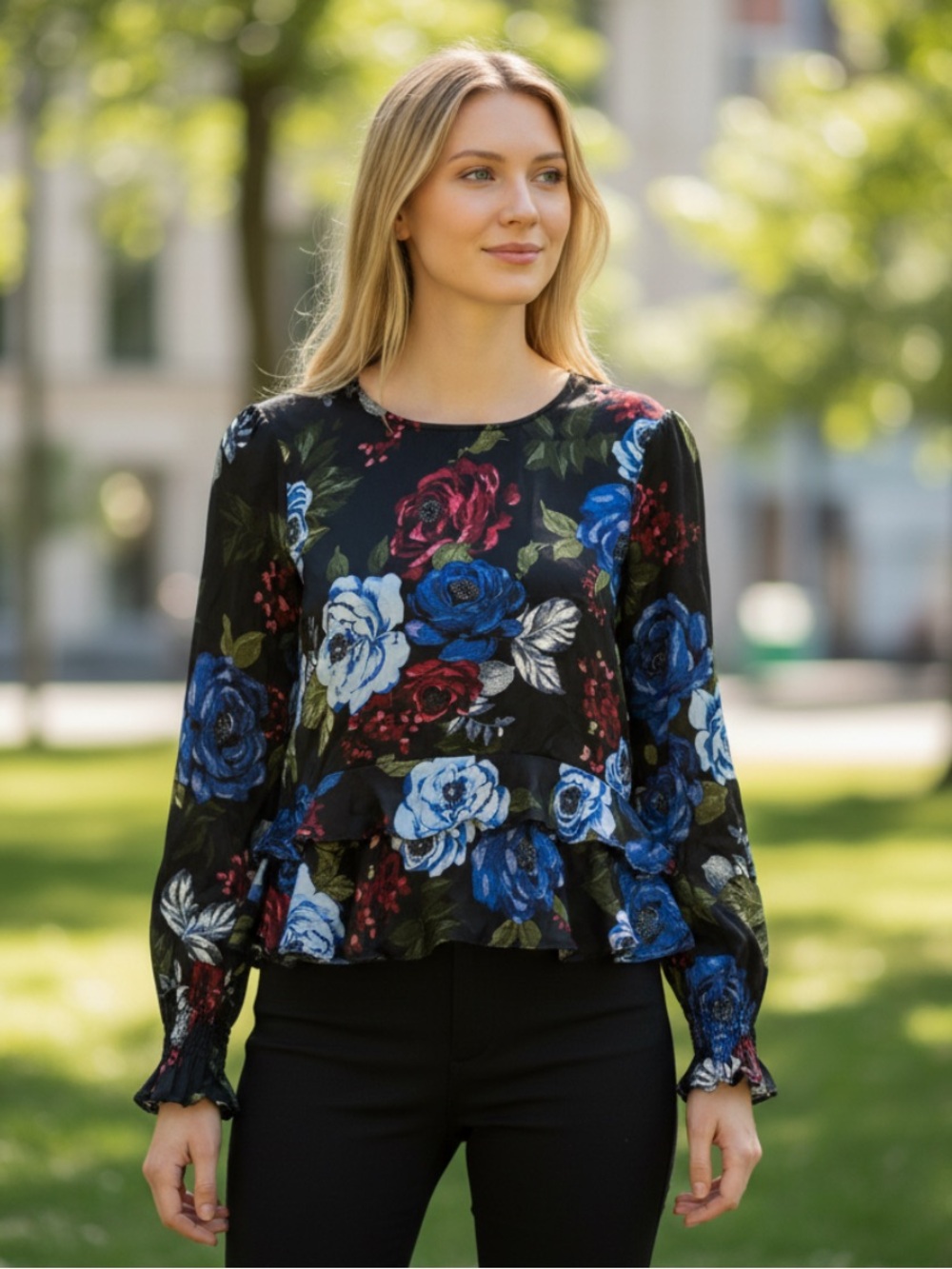 Zara Black Floral Peplum Blouse with Blue and Red Roses